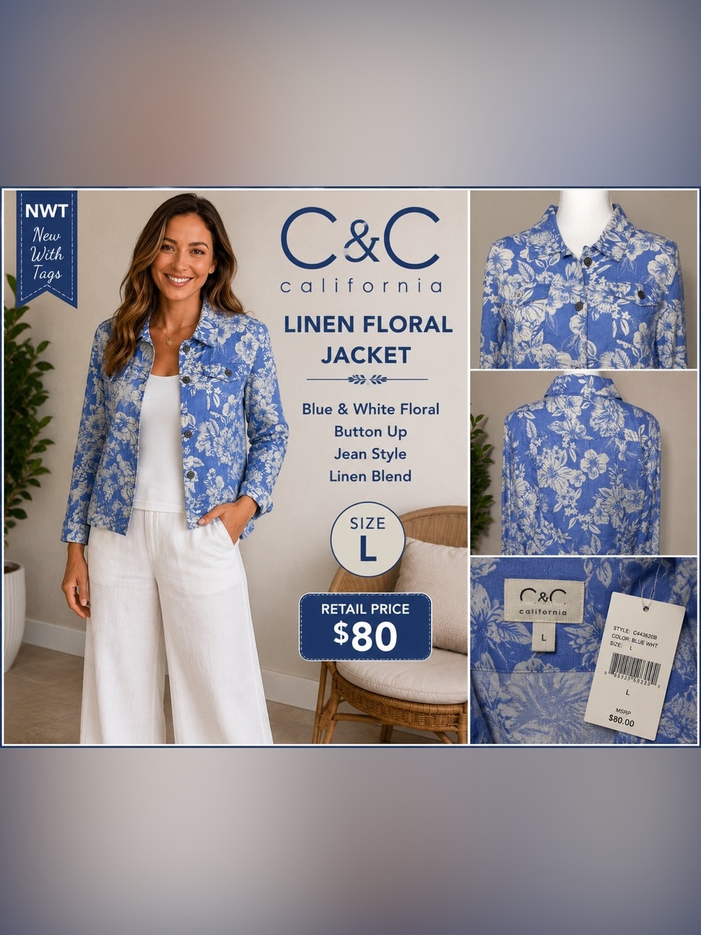C&C California Linen Floral Jacket NWT Size L Blue White Button Up Jean Style